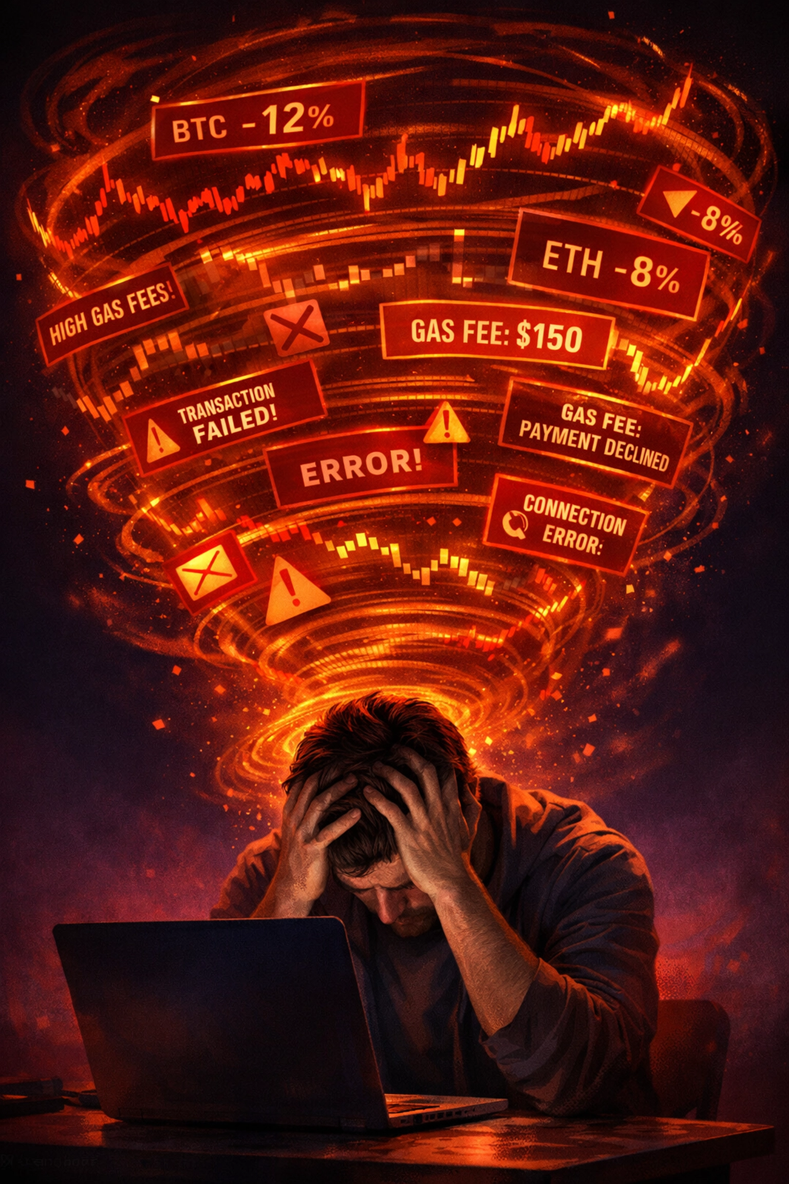 Online shopper overwhelmed by cryptocurrency volatility and unpredictable gas fees