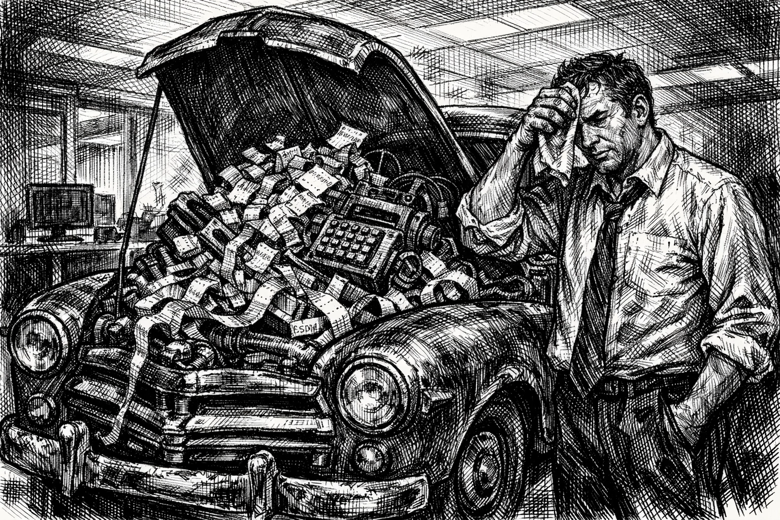 Sketch of a business owner discovering messy receipts under a car hood, symbolizing an audit of hidden financial liabilities.