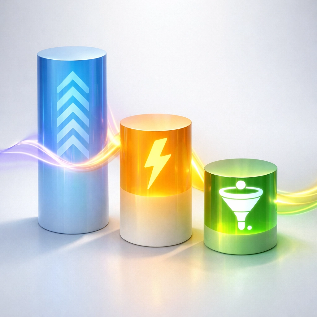 Three interconnected pillars representing SEO, PPC, and website conversion optimization driving revenue growth