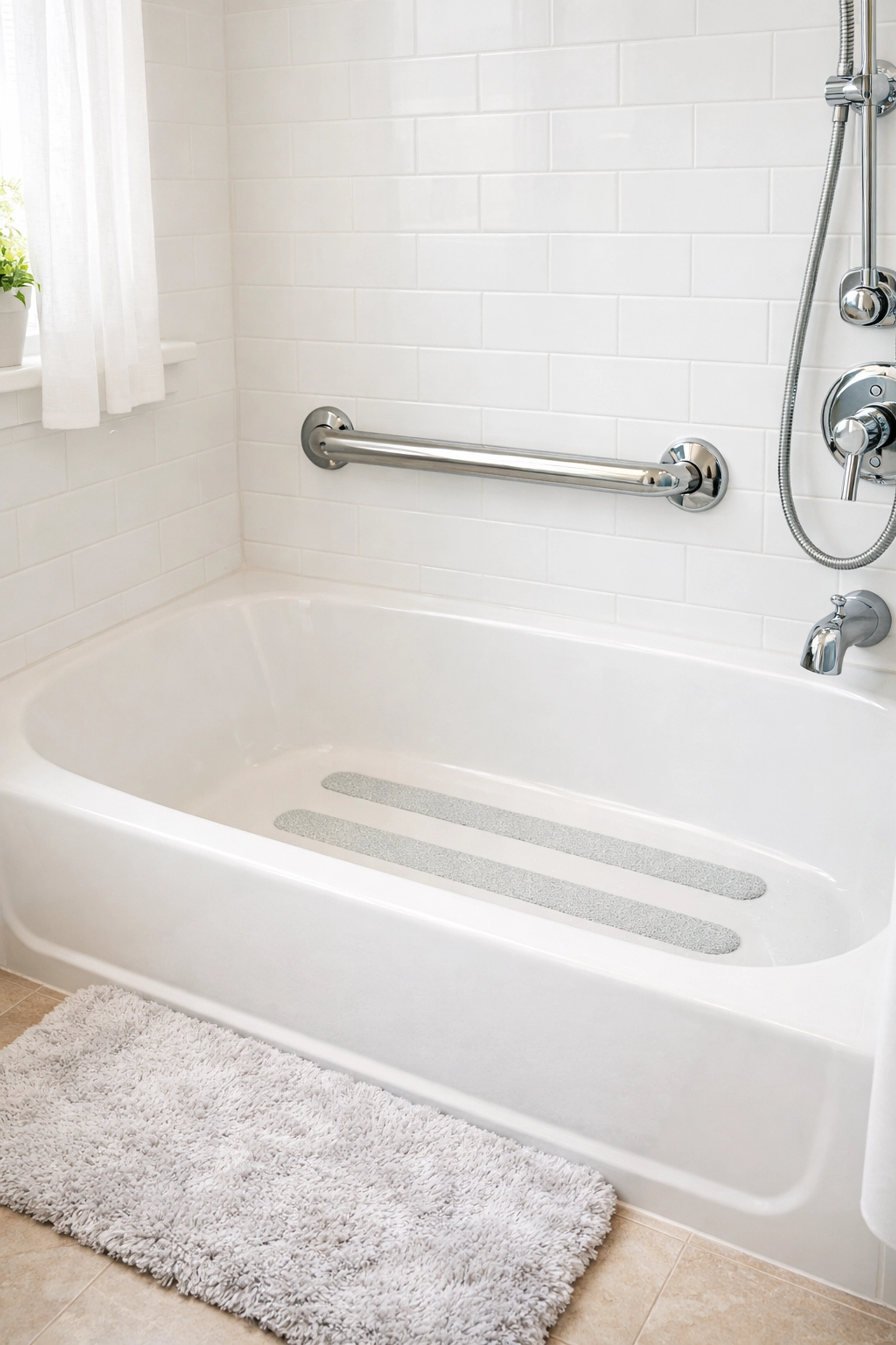 Bathroom safety features including mounted grab bar, non-slip tub strips, and bath mat