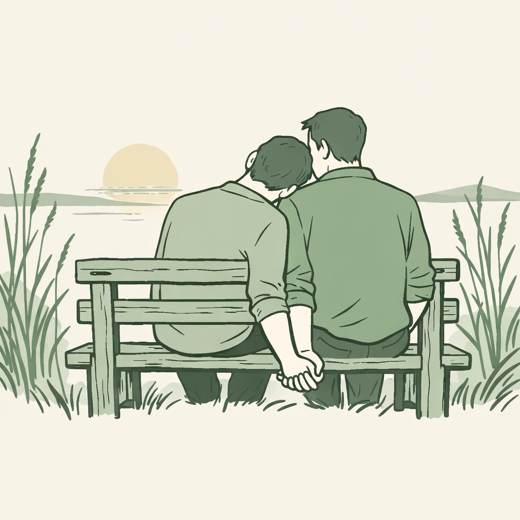 Minimalist illustration of an MM couple sitting together, representing authentic queer identity and lifelong love.
