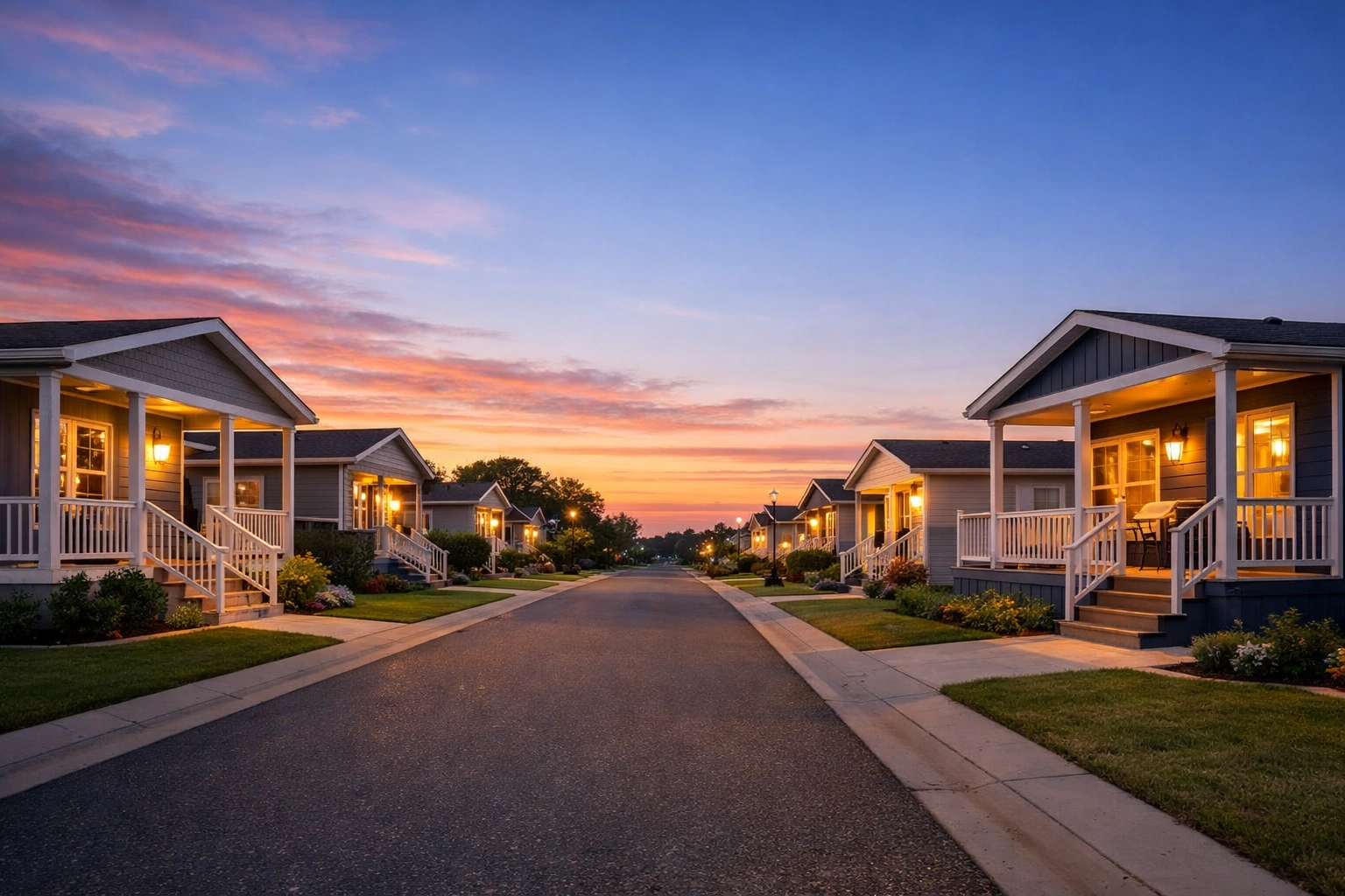 Modern manufactured home street in a quiet Texas neighborhood showcasing the new standard of living.