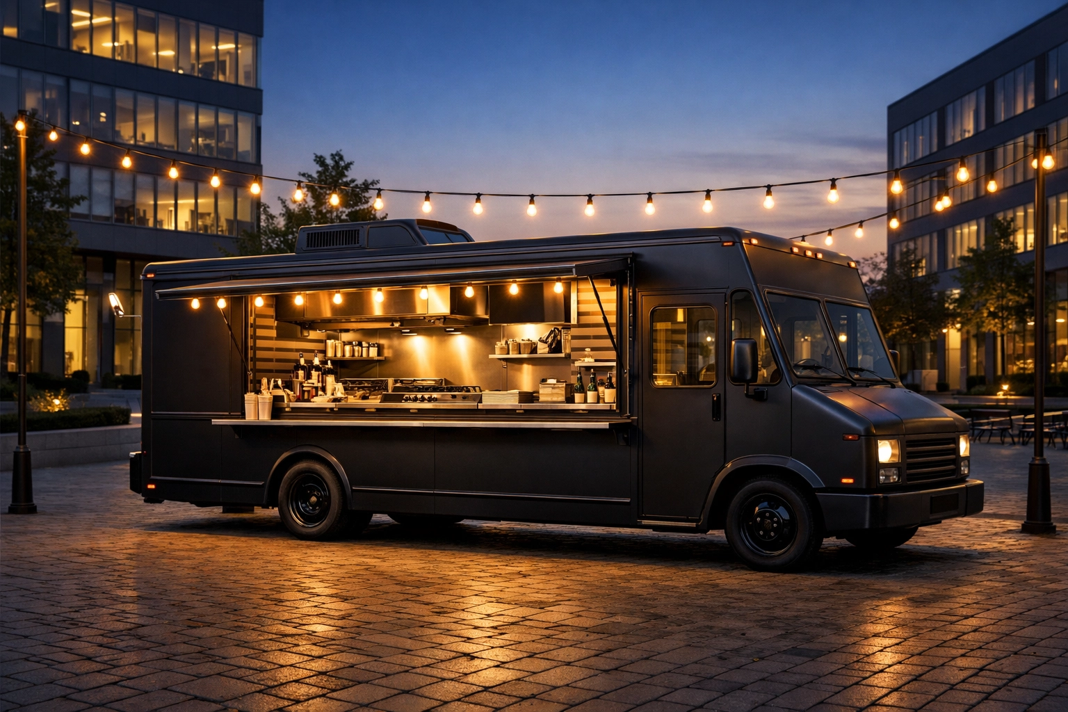Modern food truck serving as a temporary kitchen to maintain business continuity under extra expense insurance coverage.