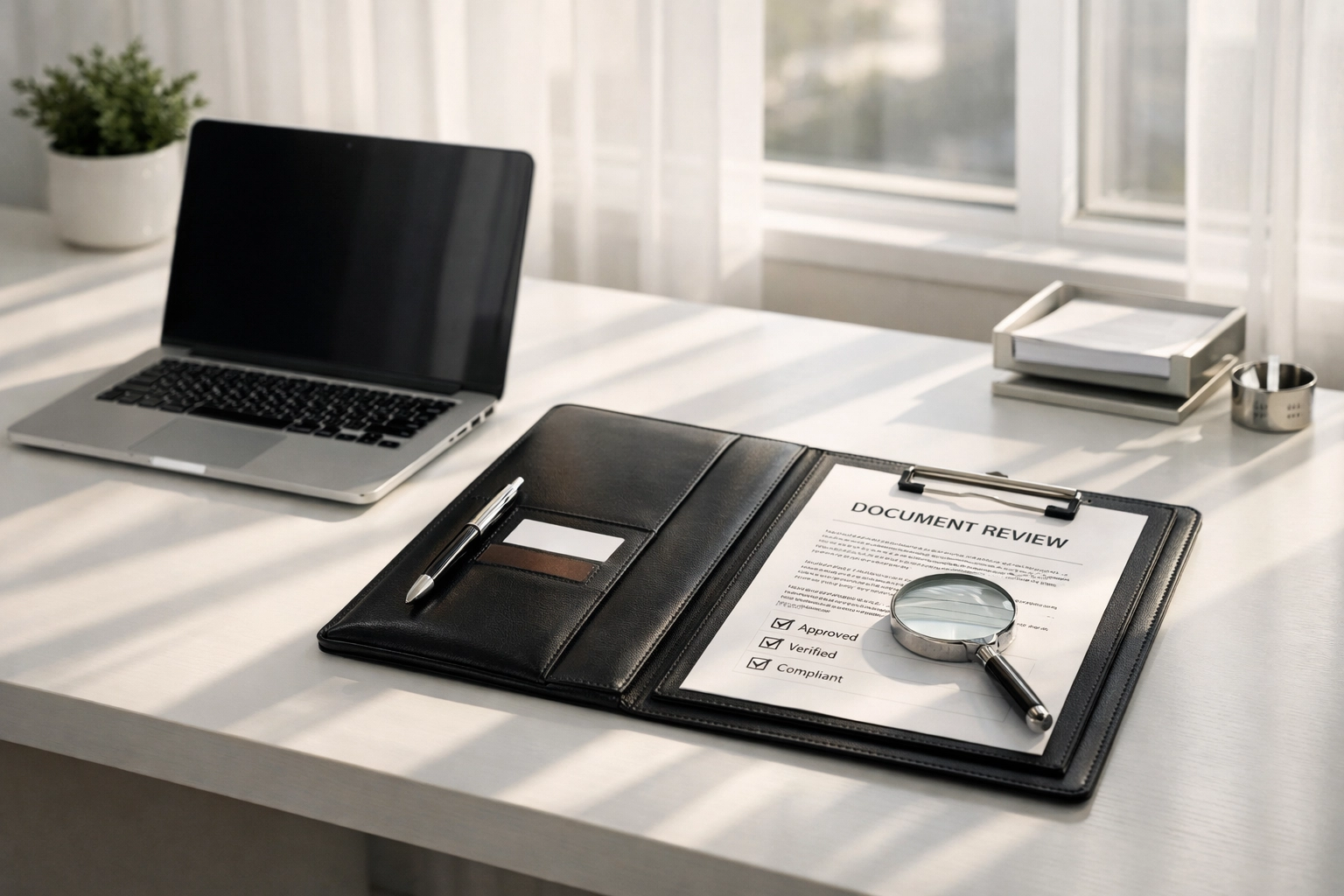 Minimalist desk with laptop and tax document folder representing ERO compliance and EFIN verification.