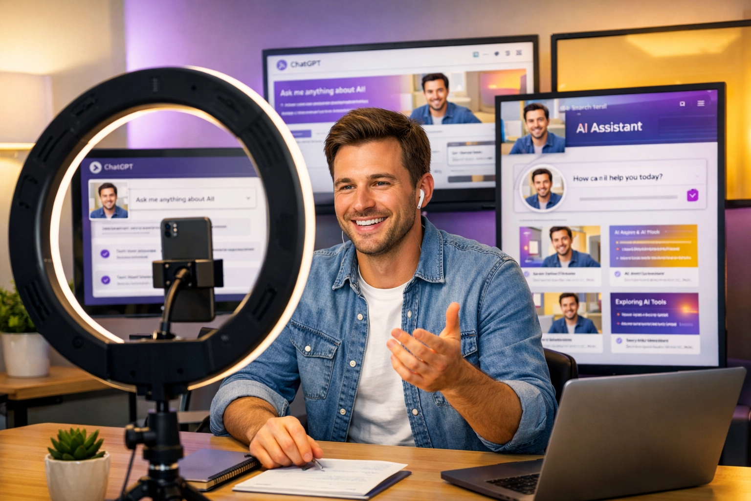 Content creator recording video for distribution across AI search platforms