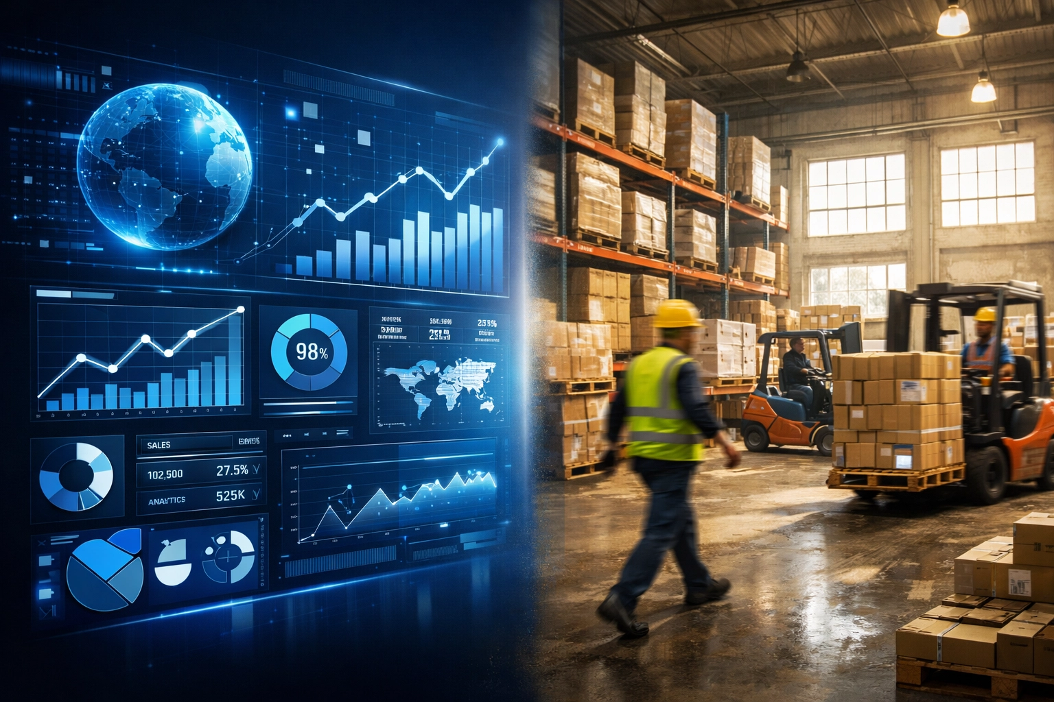 Contrast between digital safety dashboards and real warehouse workplace environment