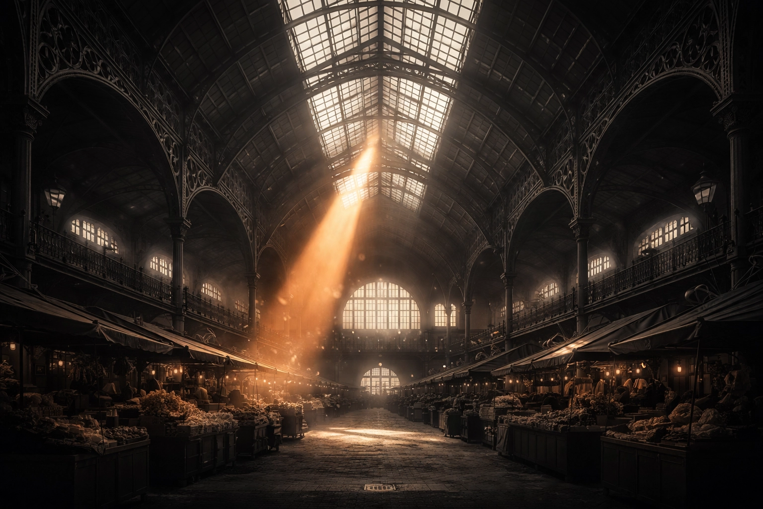 Interior view of historic 19th-century European market hall, emphasizing cultural exploration and stories