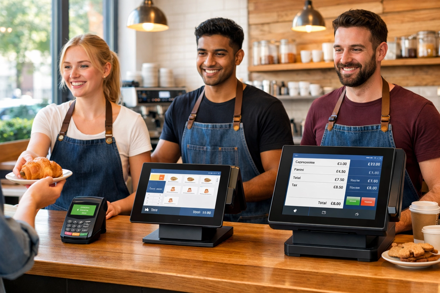 Three different POS systems in use at a UK cafe counter