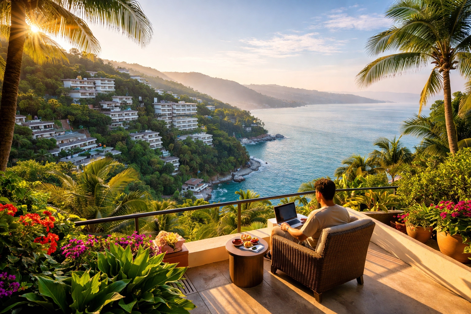 Peaceful morning view of Amapas neighborhood in Puerto Vallarta, with condos, lush greenery, and a solo digital nomad on a terrace.