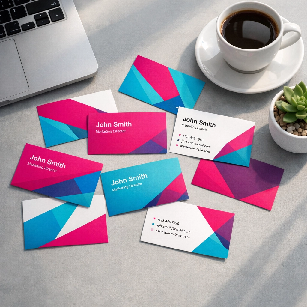 Professional business cards displayed on modern workspace desk