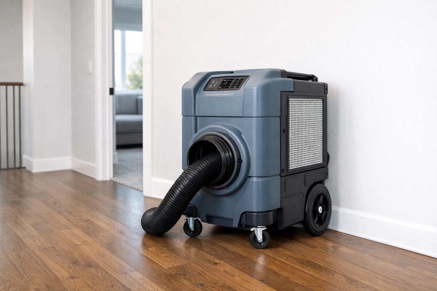 Industrial air scrubber used for professional fire damage restoration and smoke odor removal in Louisiana.