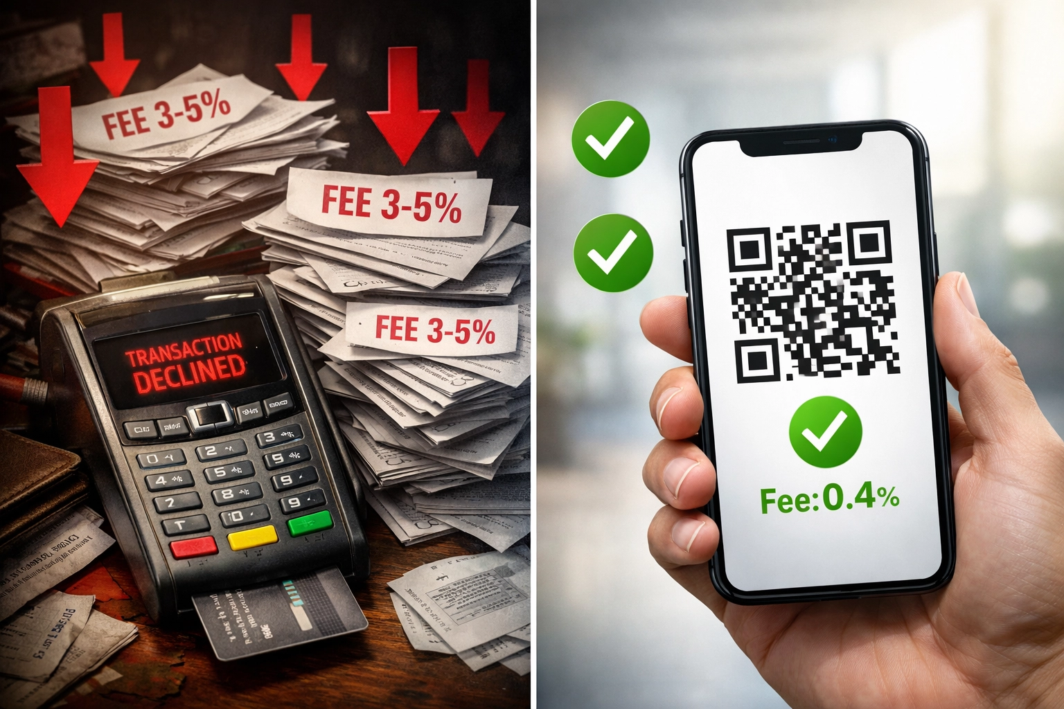 Comparison of traditional credit card fees versus Larecoin crypto payment QR code with lower merchant costs