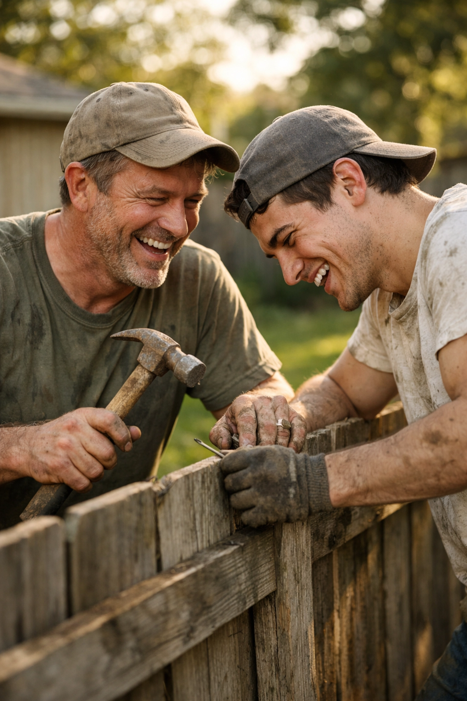 Two men repairing a fence together, demonstrating practical life lessons in disciple making.