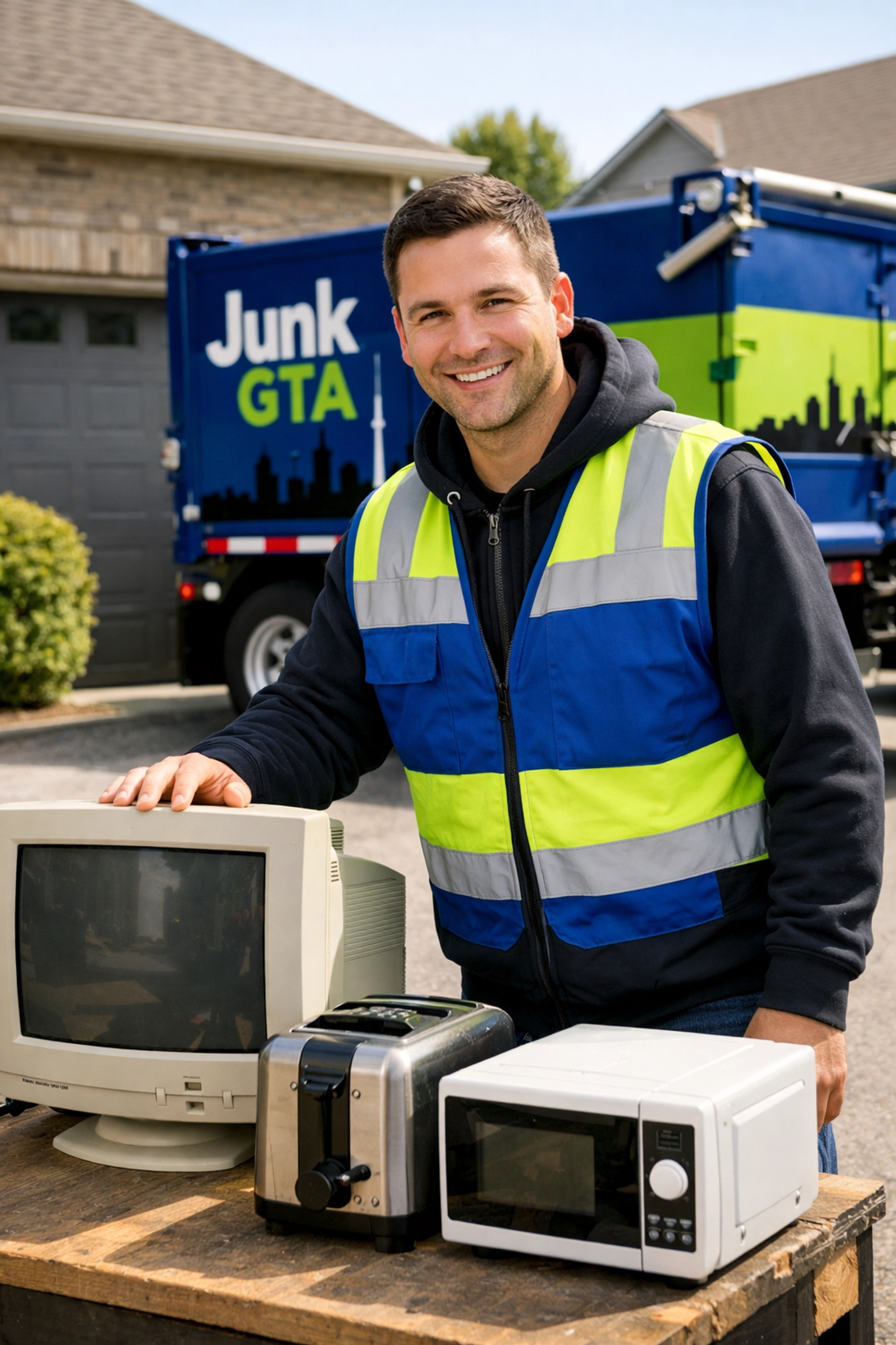 Junk GTA owner Roman sorting electronics and appliances for recycling in a Vaughan residential driveway.