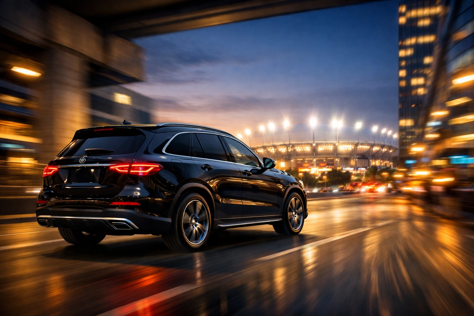 NEWSLETTER: 7 Mistakes You're Making with Last-Minute Super Bowl Logistics (and How to Fix Them) Luxury black SUV driving through city traffic toward a glowing Super Bowl stadium at twilight.