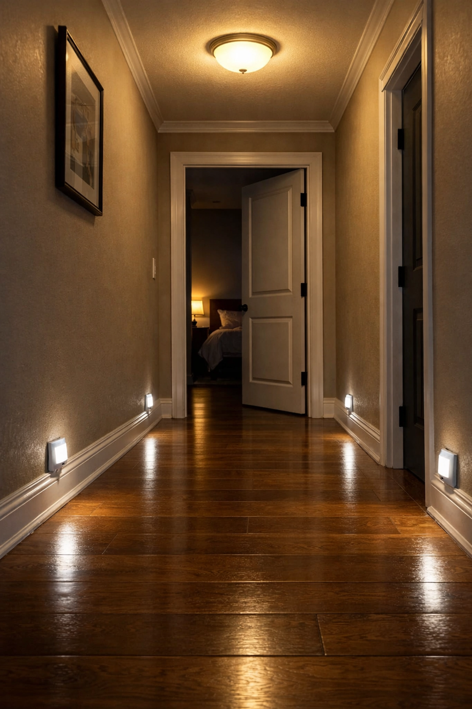 Motion-sensor nightlights illuminating a hallway to ensure safe nighttime navigation for seniors.