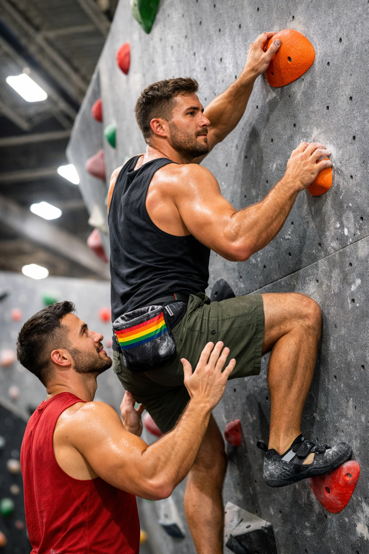 Two gay men bouldering at a gym, showing trust and community through queer sports and hobbies.