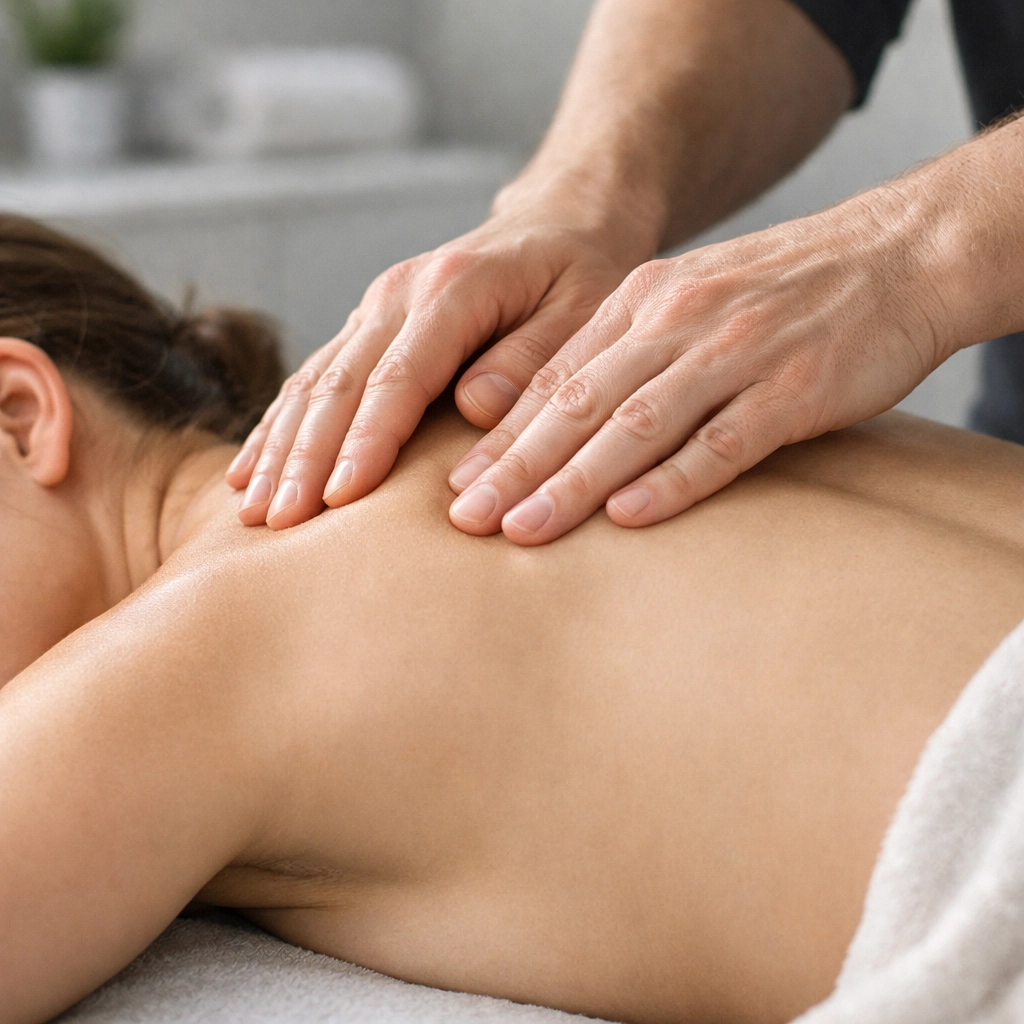 Chiropractor performing myofascial release therapy on patient's upper back and shoulder