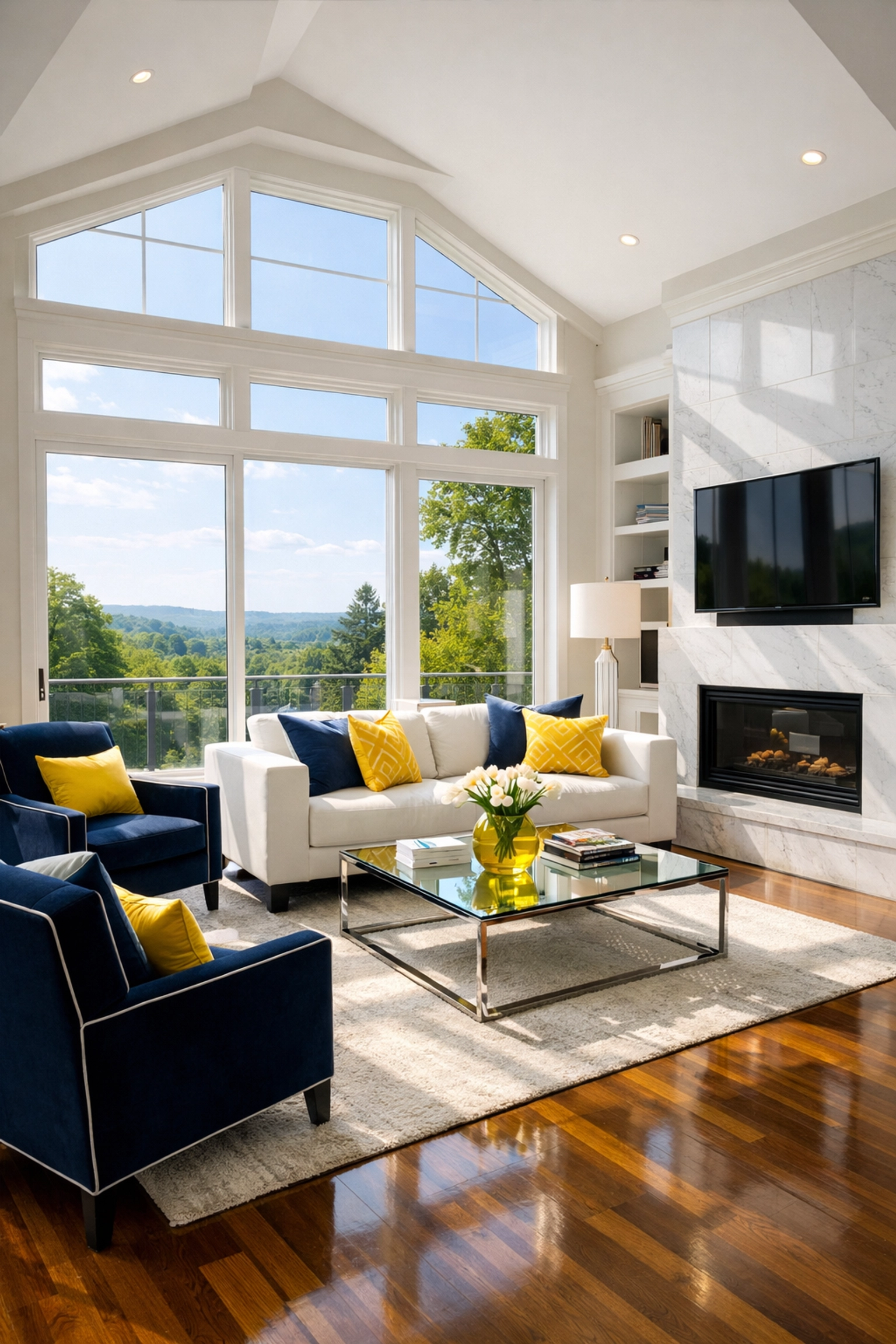 Sun-drenched living room with polished floors after professional house cleaning in Westborough.