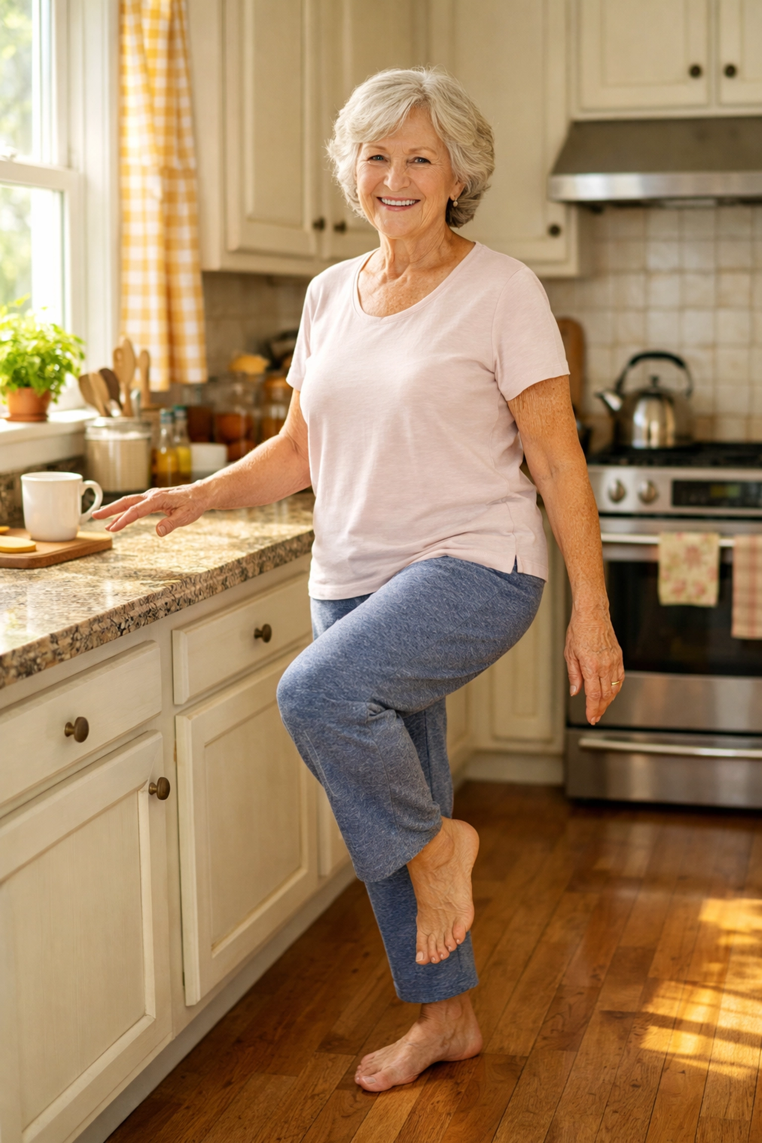 Senior woman doing single leg balance test in kitchen for daily monitoring