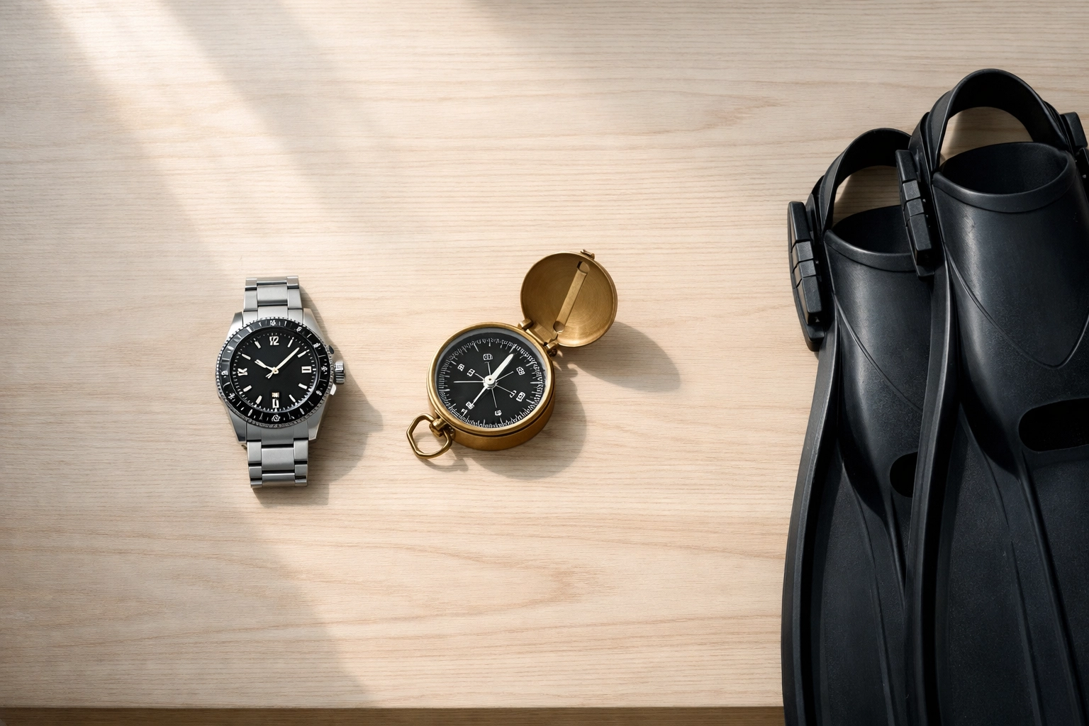 Scuba diving gear and travel planning essentials on a desk, highlighting upcoming ocean travel deals.