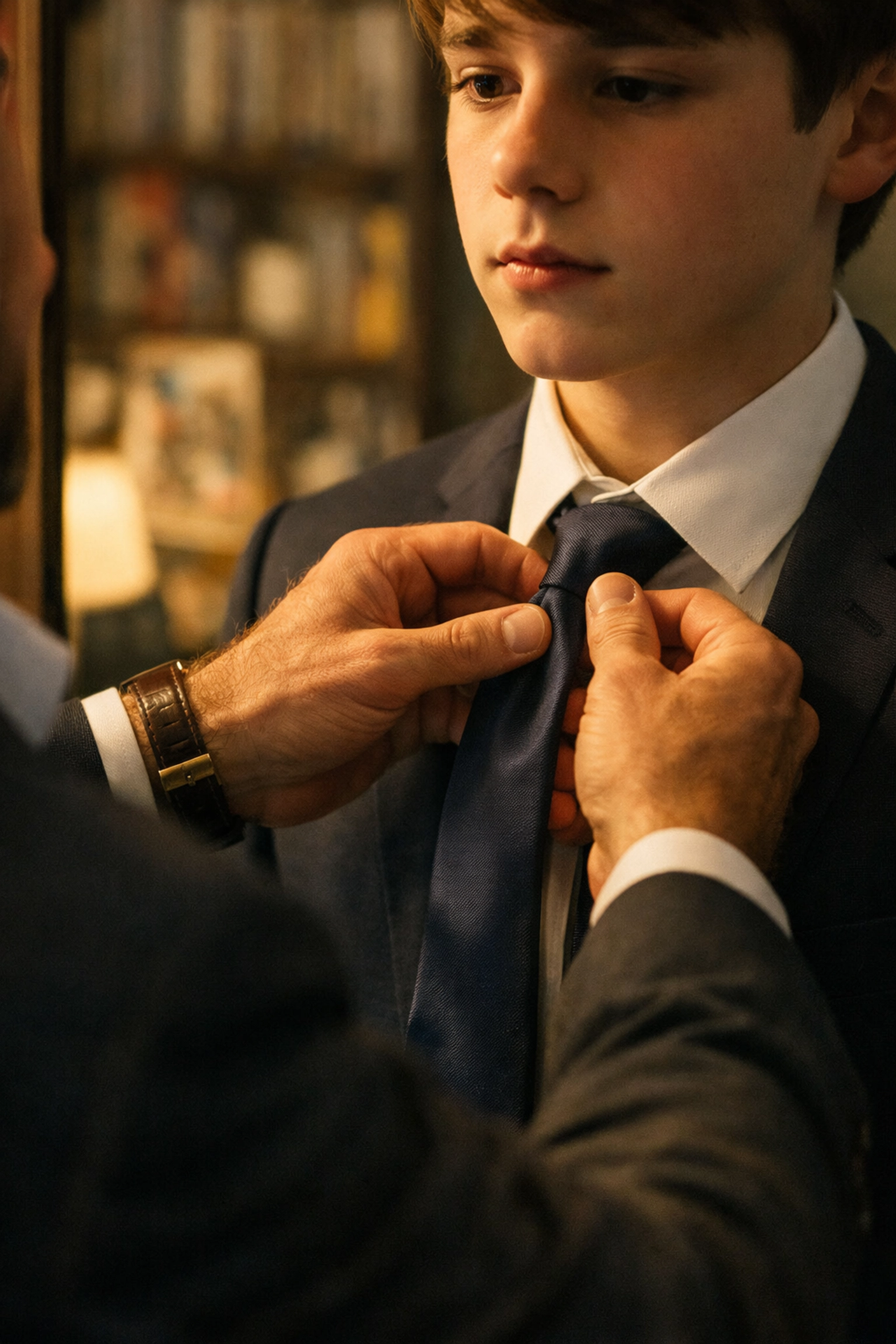 A stylish gay uncle helping a teen with his tie, illustrating mentorship and care.