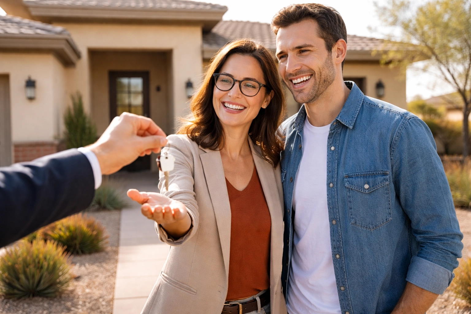 Happy couple receiving house keys in front of their new Arizona home, celebrating homeownership for educators
