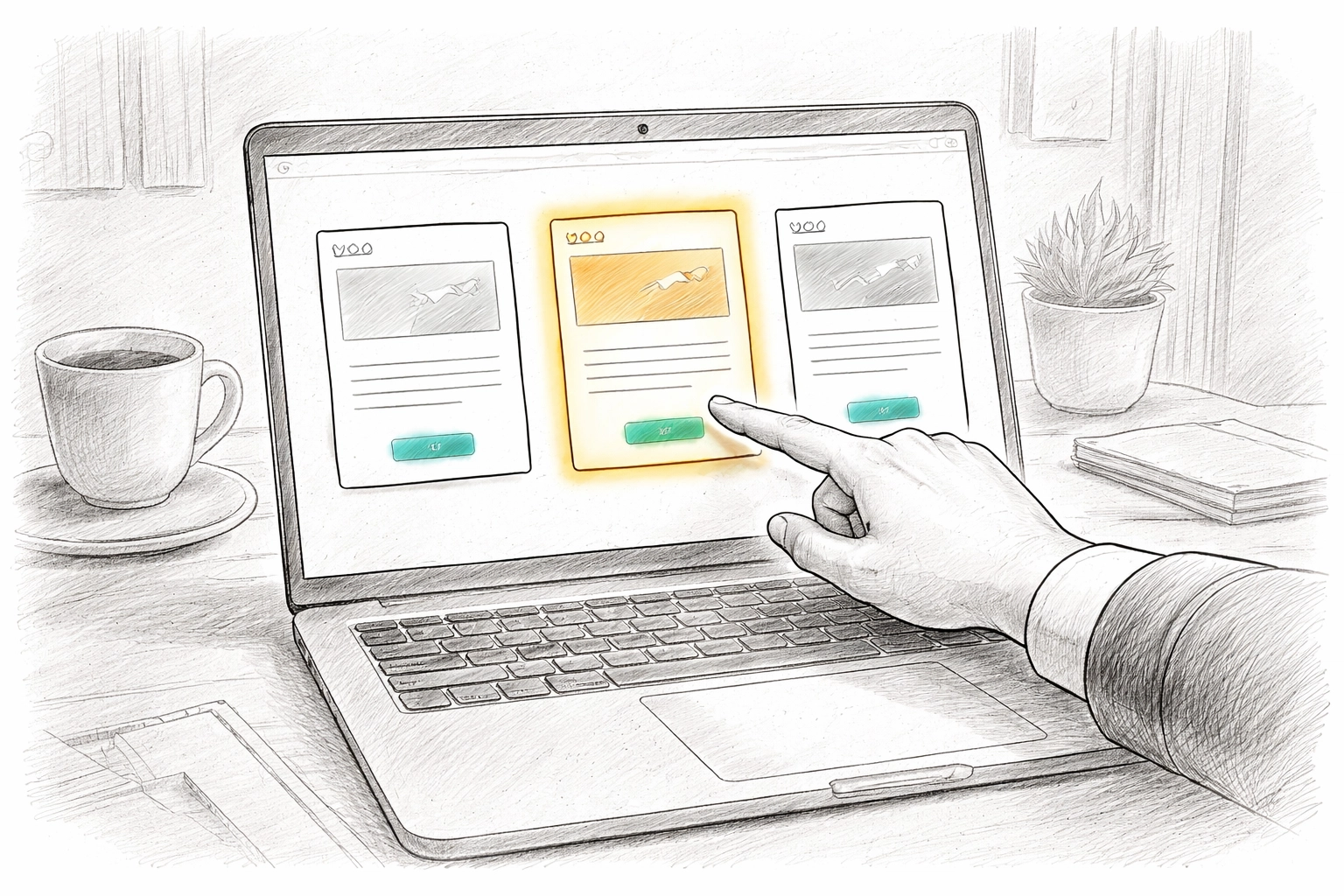 A service pro's hand choosing a simple website template on a laptop, highlighting easy website setup for booking-ready websites.