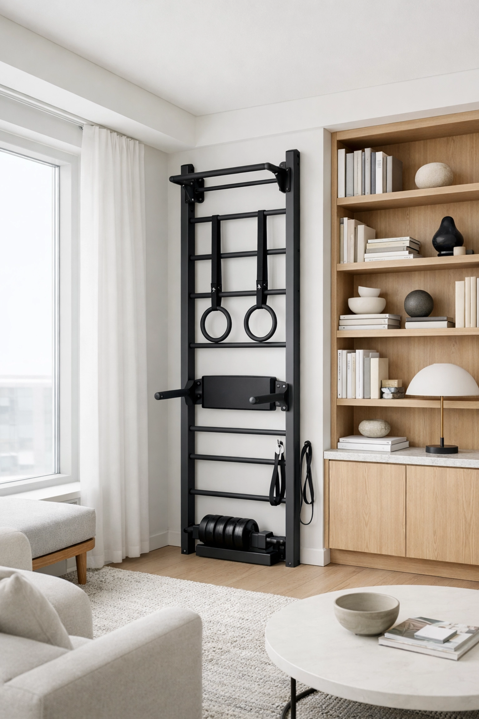 Minimalist home gym equipment rail in a studio apartment showing space-saving vertical design.