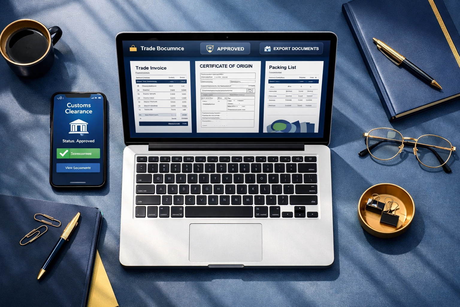 Modern workspace showing digital trade documents on laptop for paperless Canada-Africa exports