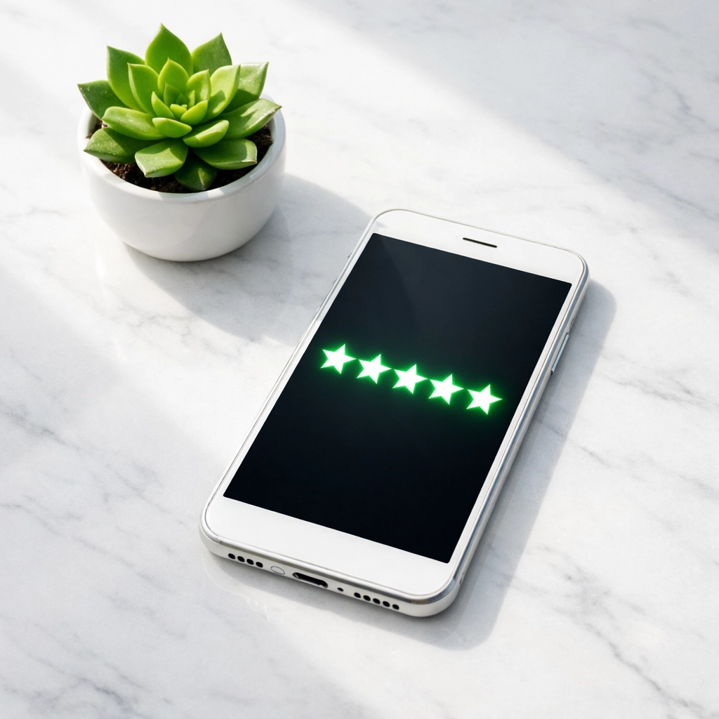 Smartphone showing a five-star rating to improve local business review rankings.