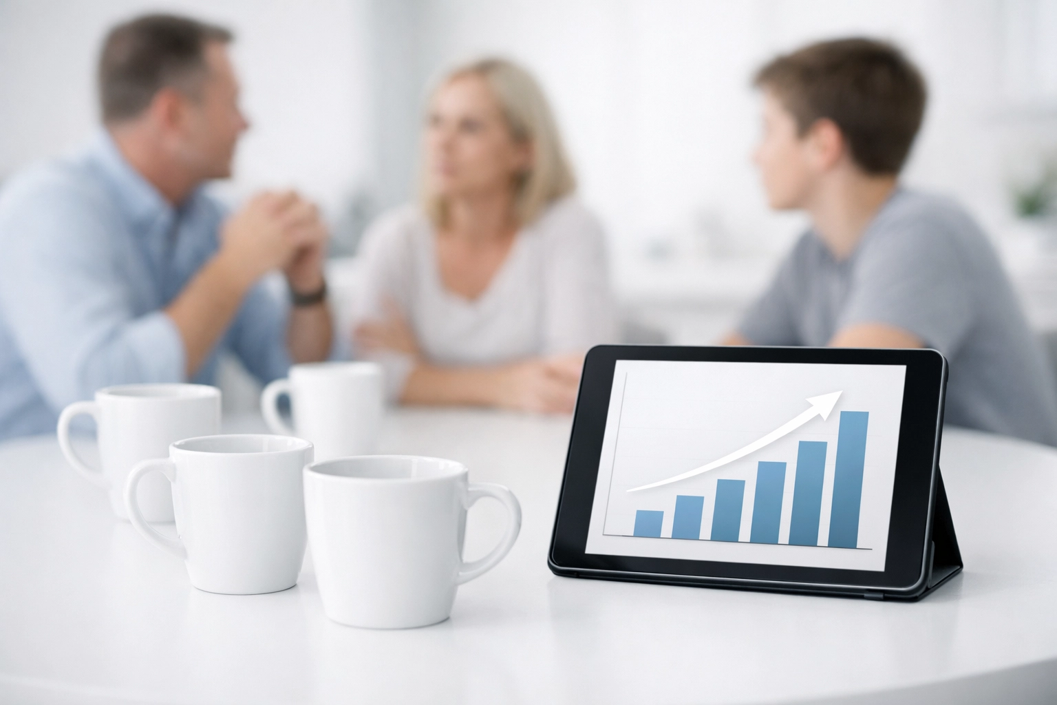 Tablet displaying business growth charts during an Alabama family meeting about financial goals.
