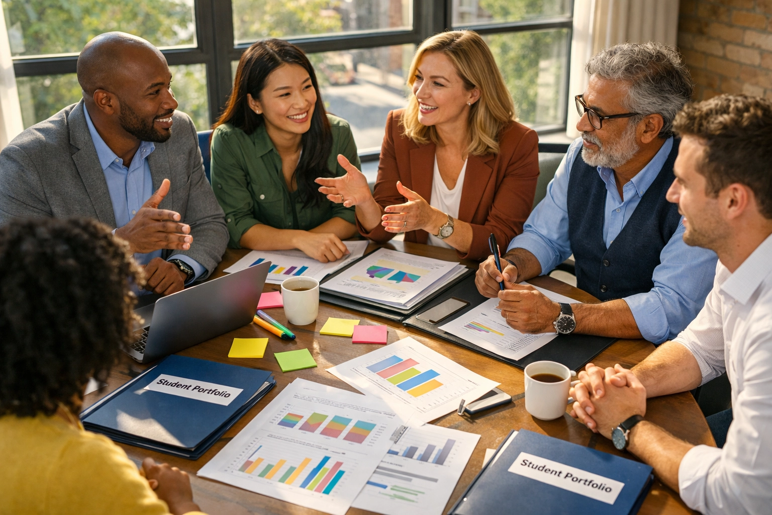 CSR team reviewing education partnership impact metrics and student outcome data