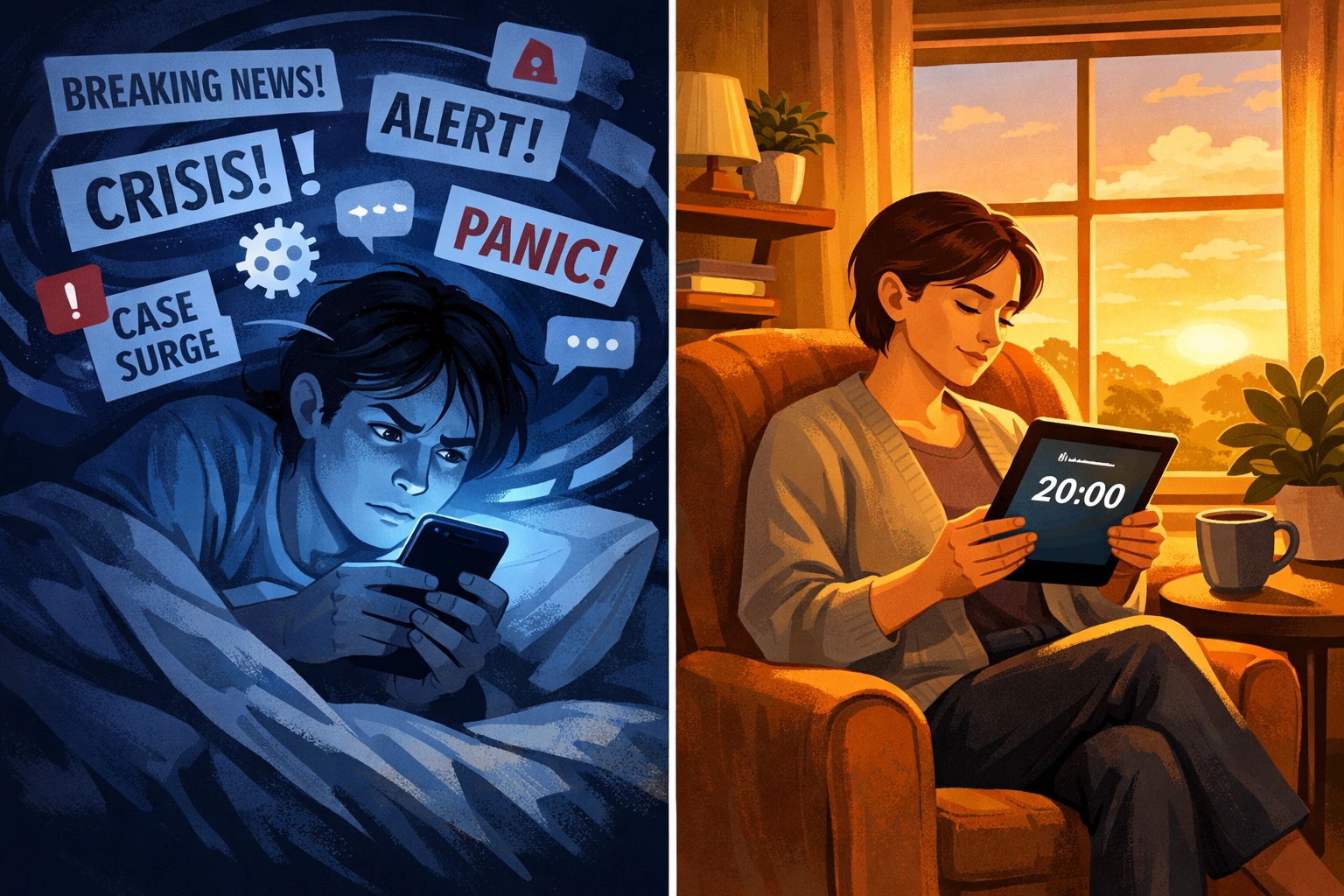 Contrast between anxious nighttime news scrolling and calm evening brief reading