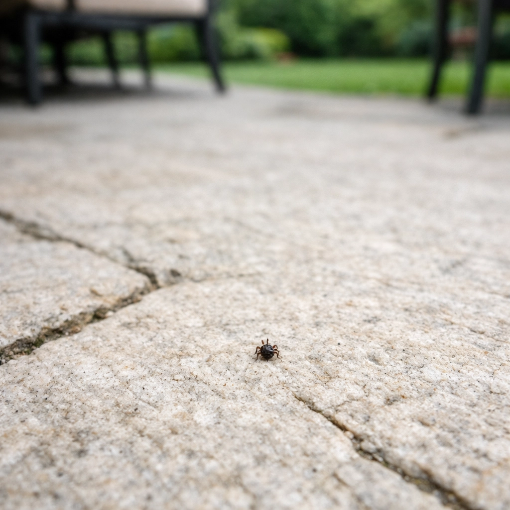Tiny nymphal tick on a Westchester backyard patio showing the difficulty of detection.