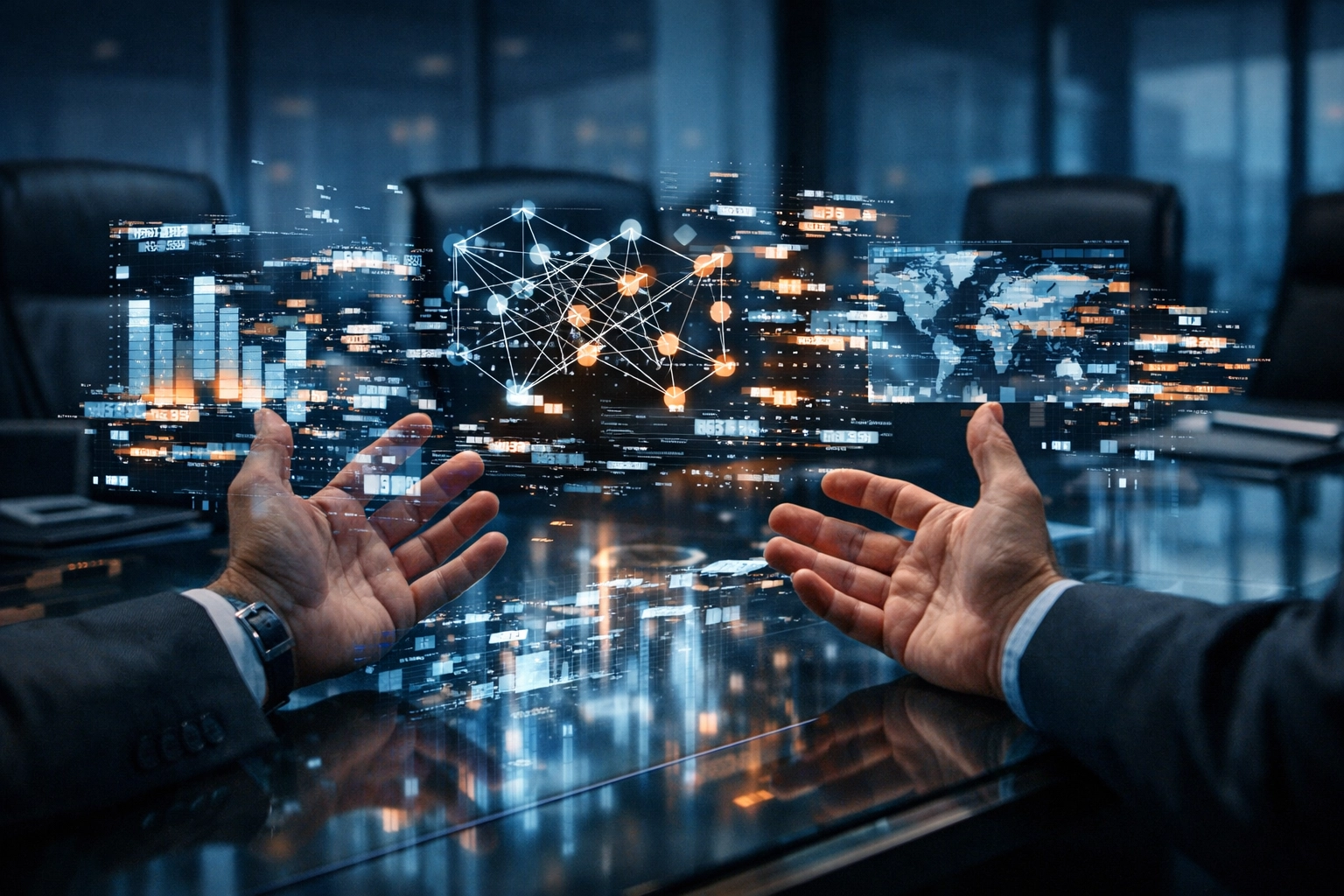 Business executive analyzing fragmented AI data visualizations showing trust deficit in AI project implementation