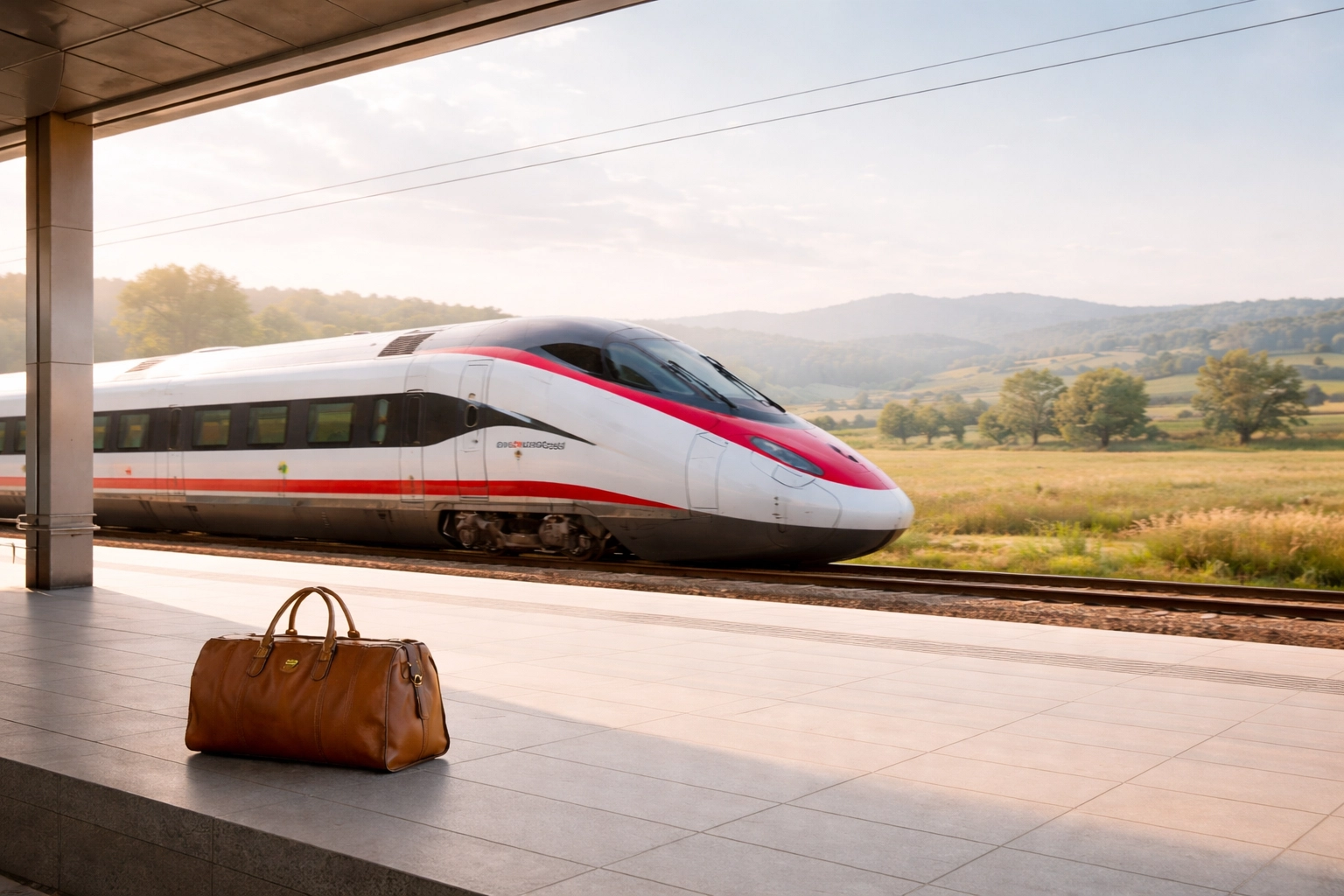 Modern high-speed train gliding through Italian countryside, representing effortless luxury Italy travel planning