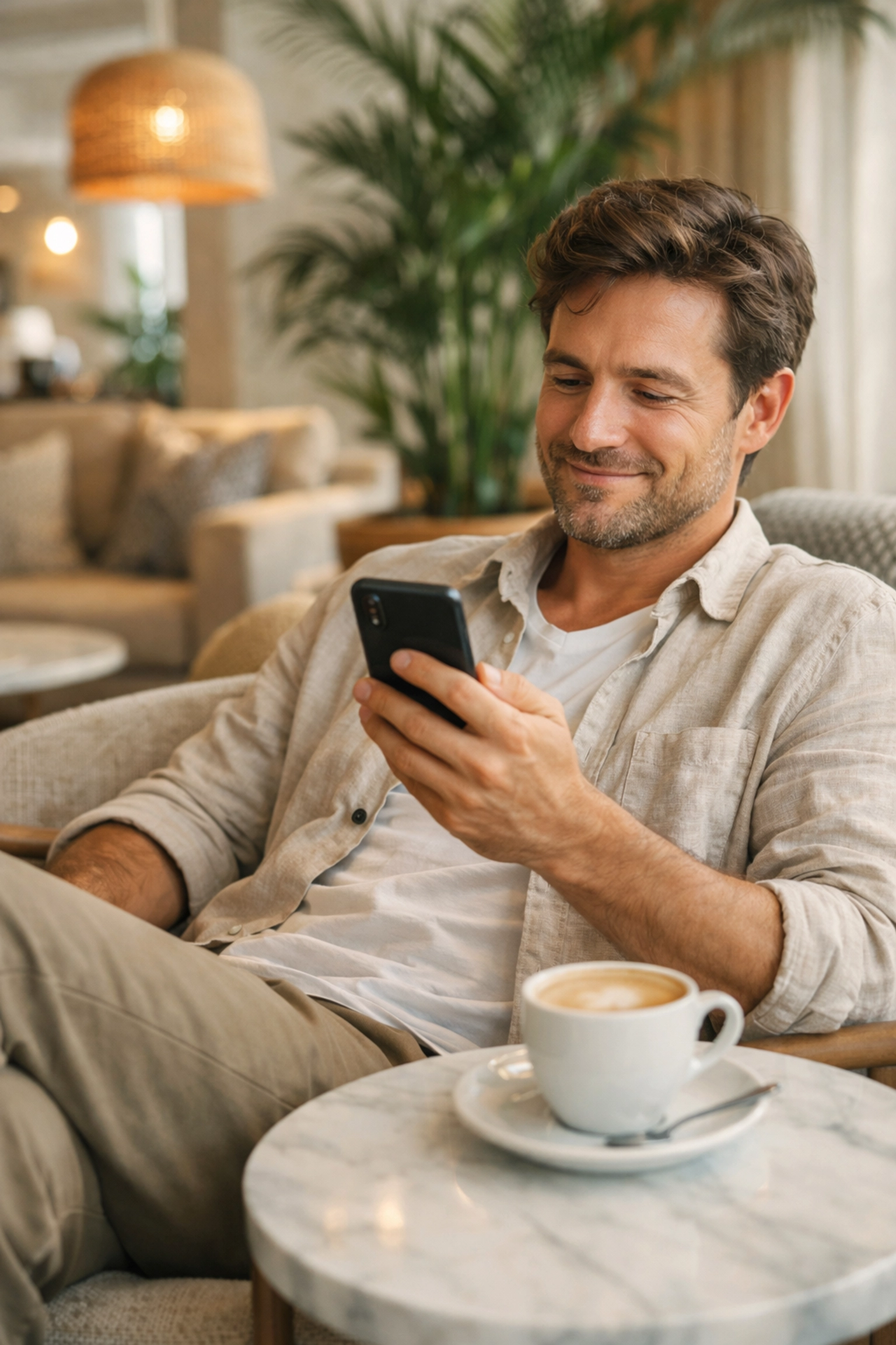 A happy hotel guest on a smartphone in a lounge after receiving an automated thank-you email.