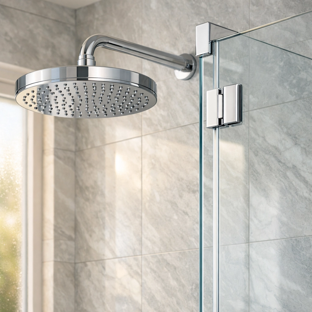 Spotless chrome showerhead and glass door in a bathroom after hard water deposit removal.