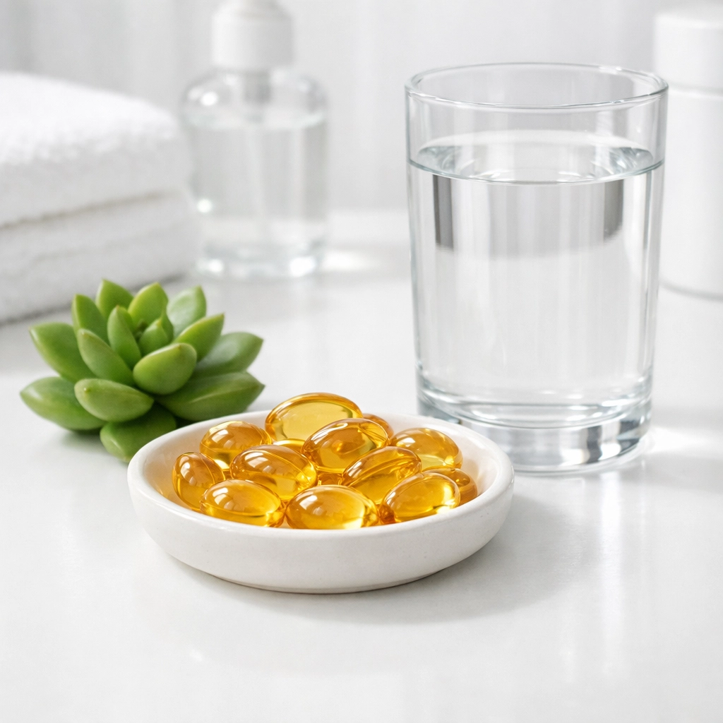Golden evening primrose oil softgels on a vanity, promoting natural balance and wellness for women.