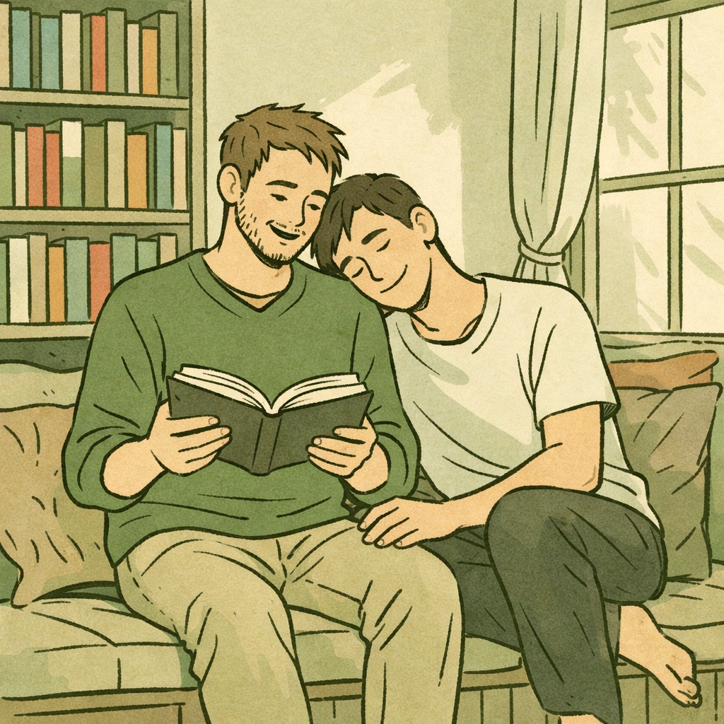 Gay couple reading together in home library filled with LGBTQ+ books and MM romance novels