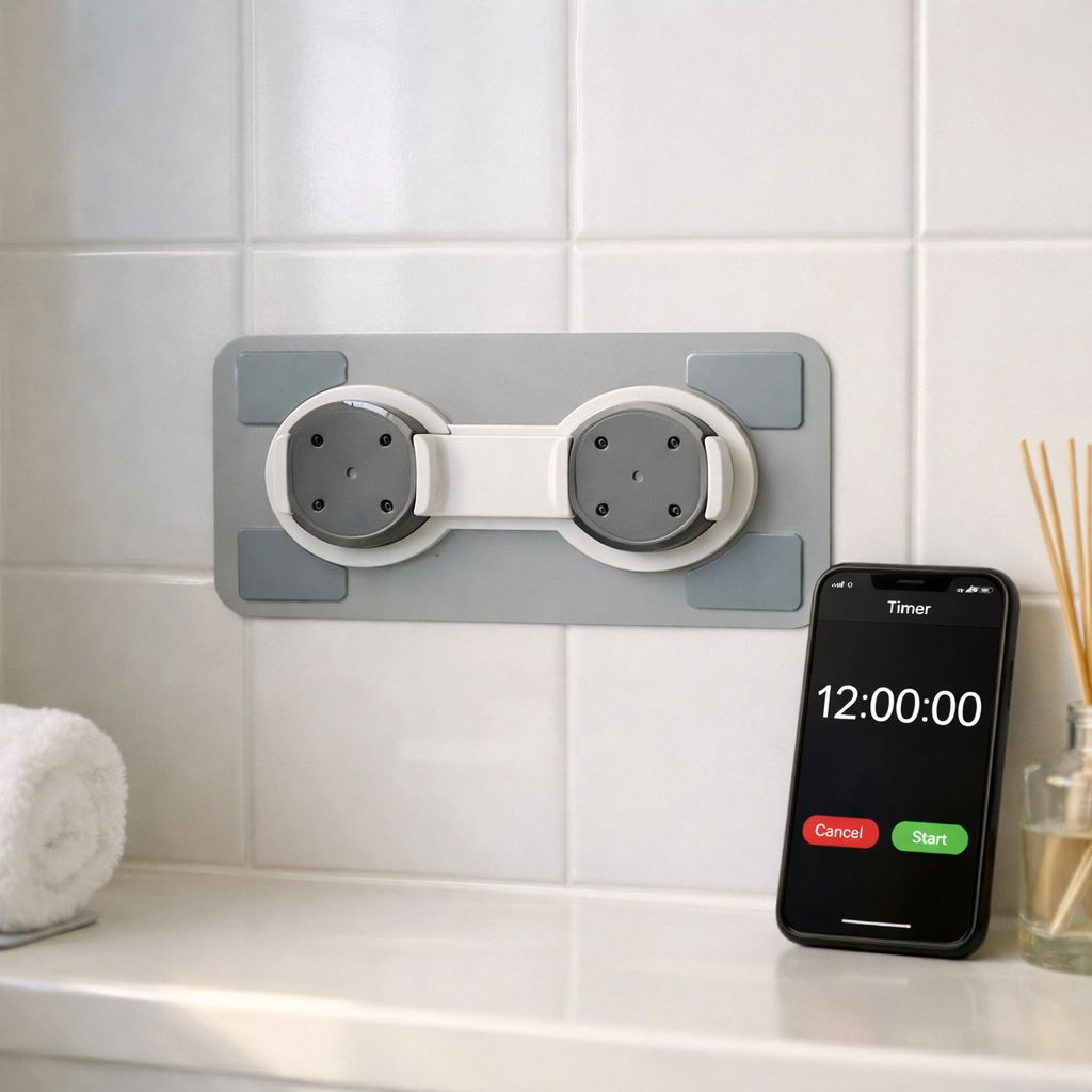 Adhesive grab bar adapter curing on wall with timer showing 12-hour waiting period