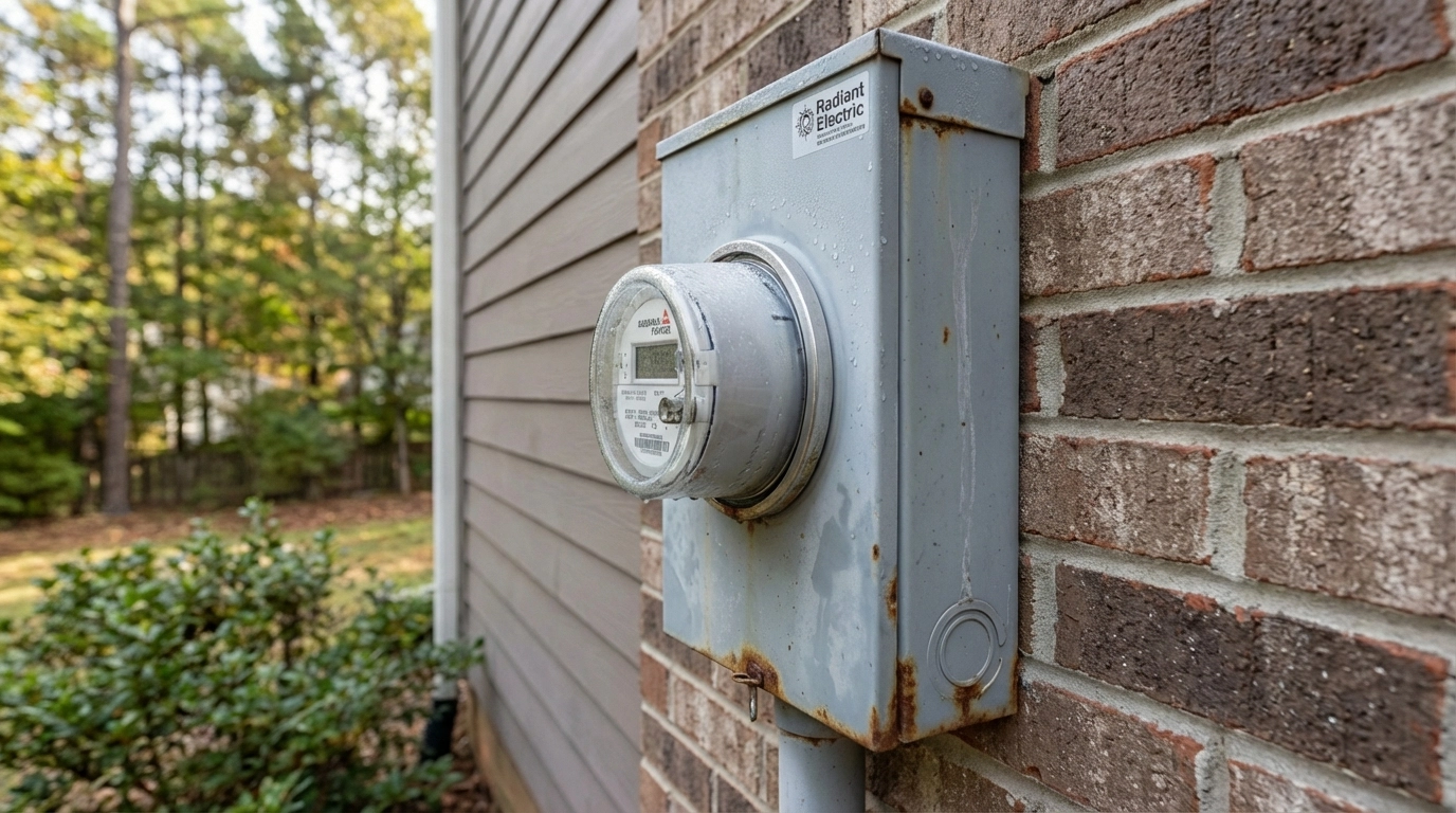 Outdoor electrical meter and panel box with visible rust and frost on a Georgia home exterior