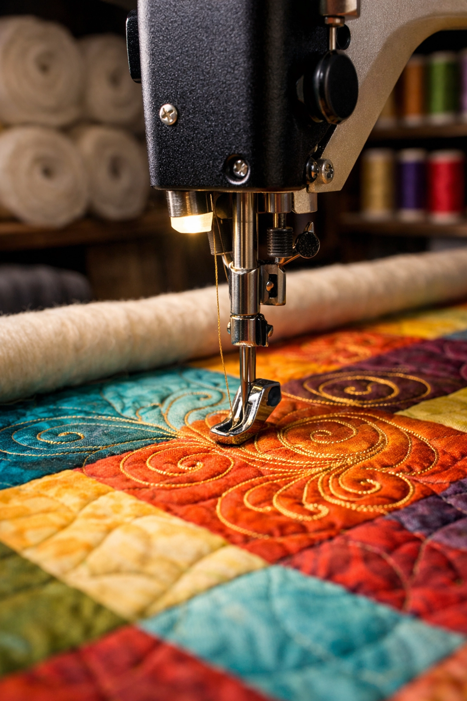 Professional longarm quilting machine head stitching a detailed pattern on a vibrant patchwork quilt in a studio.