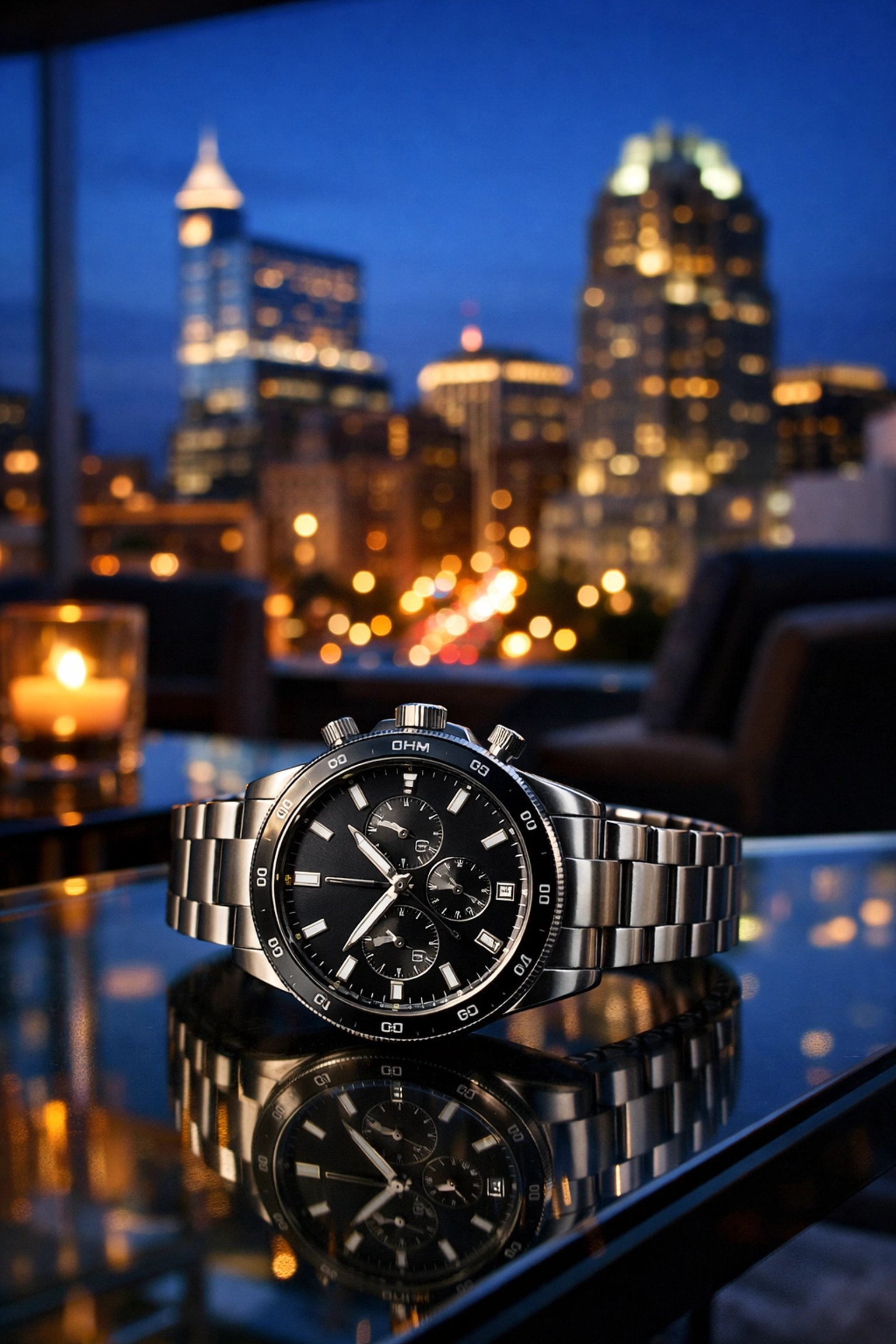 A modern wristwatch in a Raleigh lounge with the city skyline in the background at sunset.