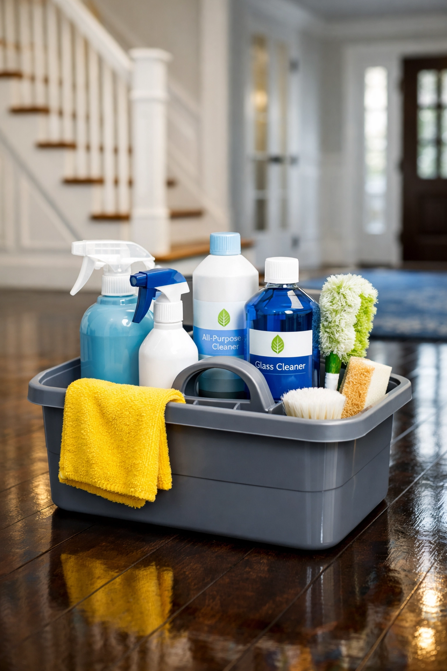 Professional cleaning supplies and eco-friendly products used for house cleaning services in Massachusetts.