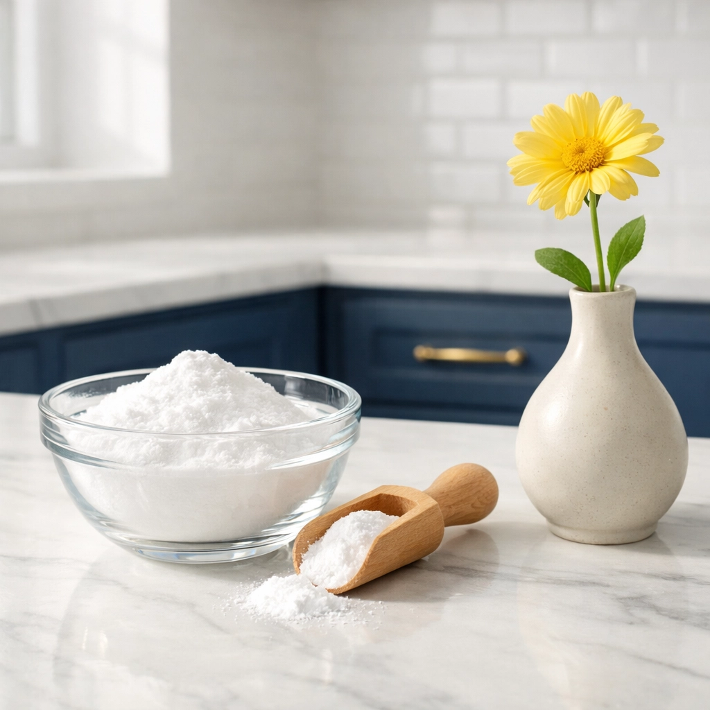 Baking soda in a glass bowl on a marble counter used as a natural deodorizer for fresh air.