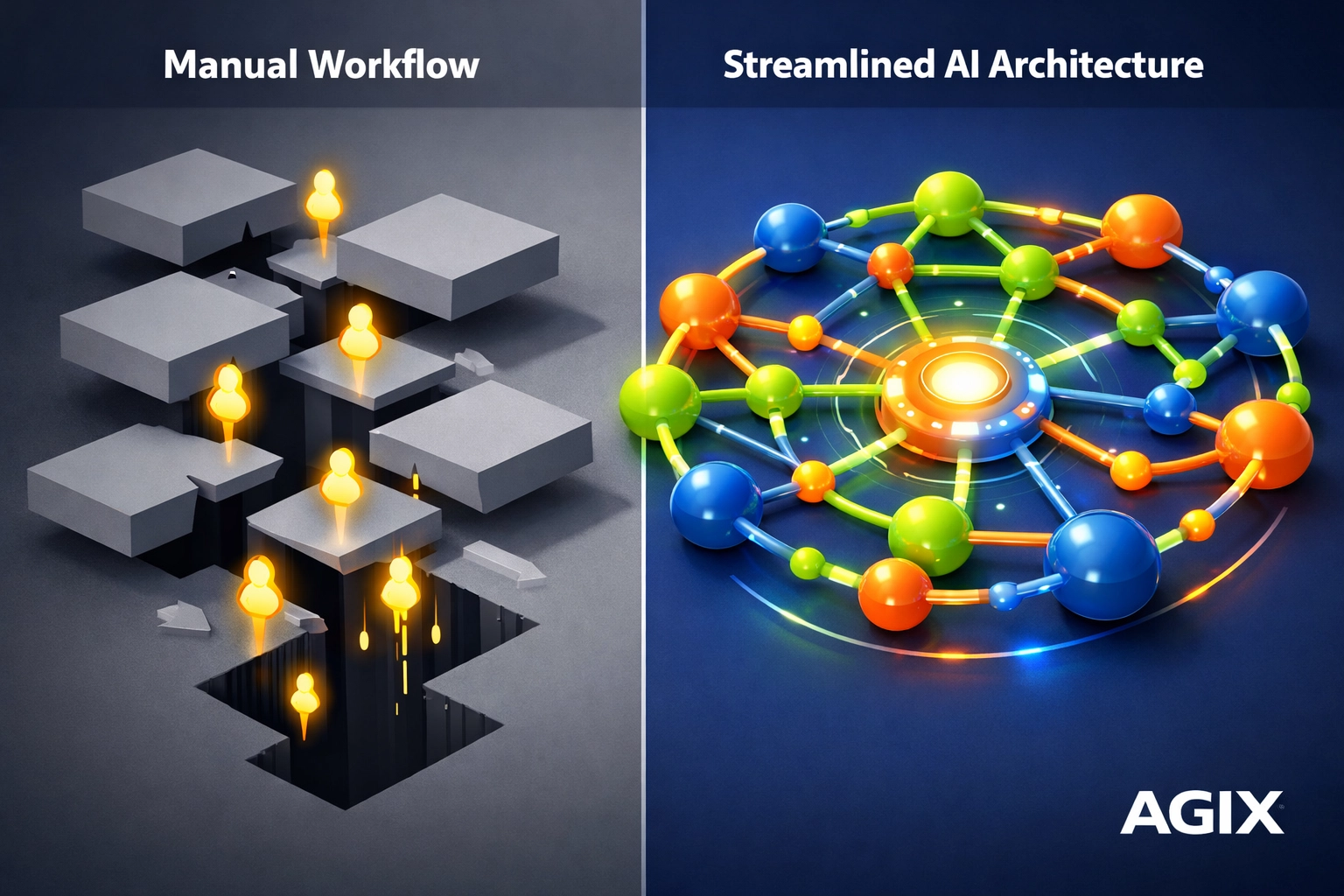 Comparison of a fragmented manual real estate workflow versus a seamless, automated AI CRM system.