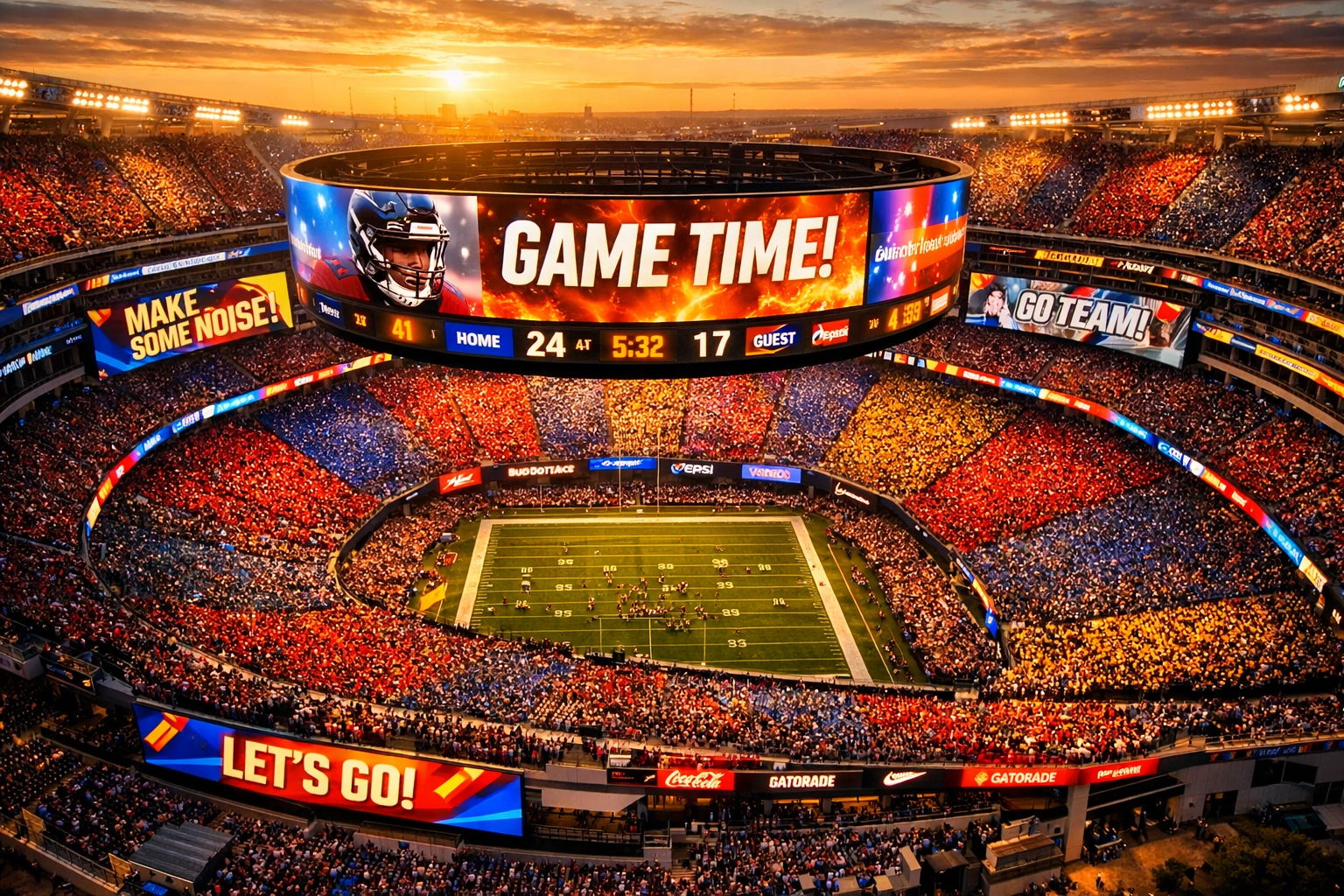 Aerial view of sports stadium with LED video boards and digital signage during live event