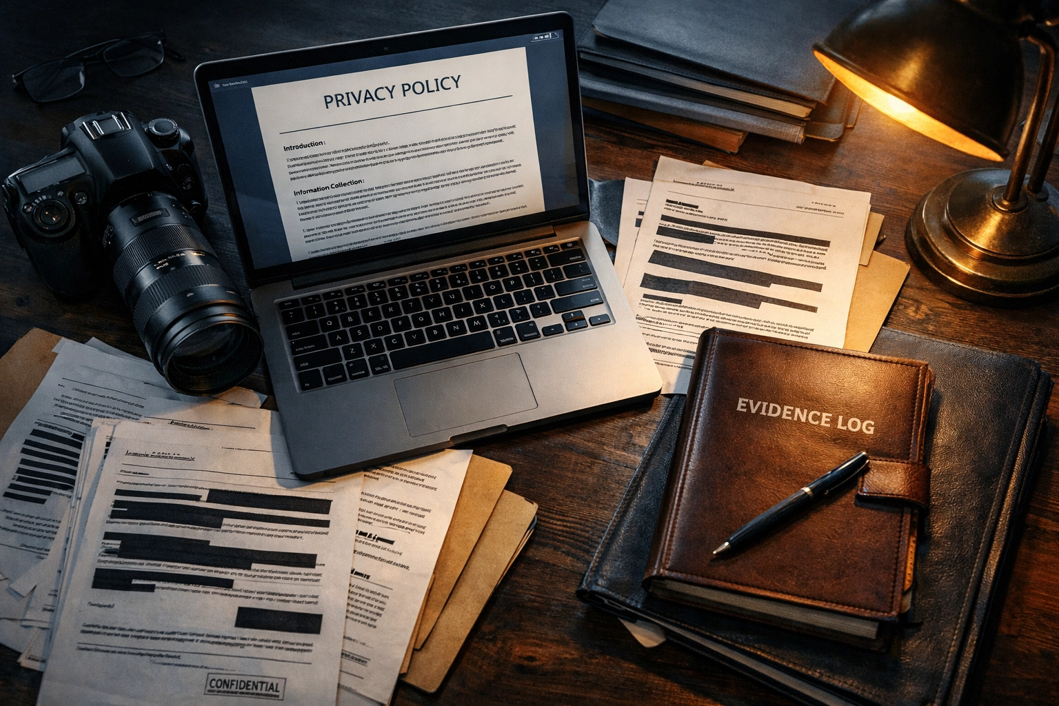 The Privacy Wall: Why Court-Admissible Evidence is Harder to Get in 2026 Professional investigator workspace with camera, legal documents, and evidence log for court-admissible cases